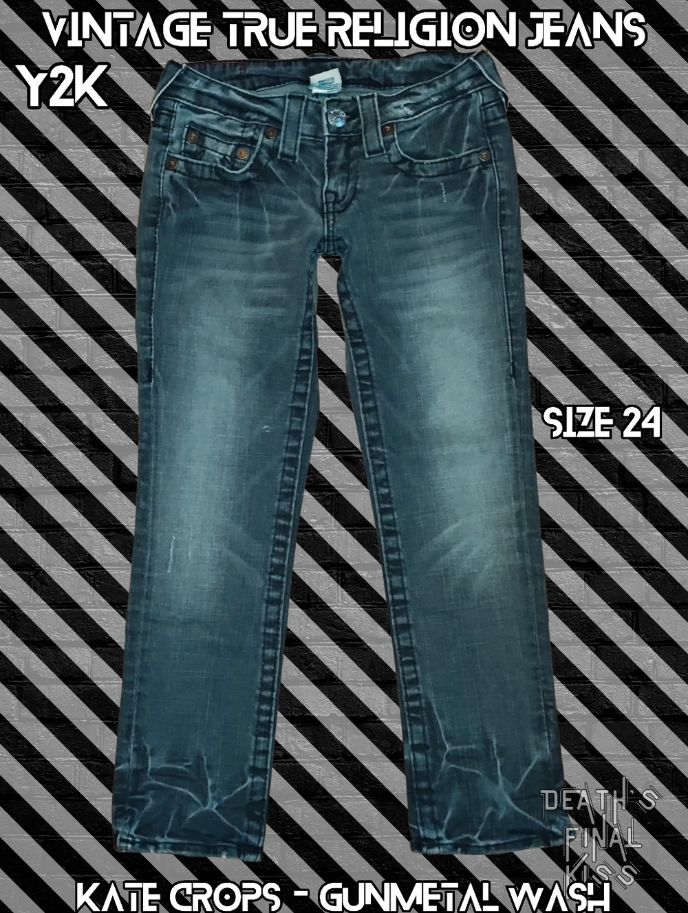 Y2K Rare True Religion Black Grey Gunmetal Cropped Stretch Jeans Ultra Low Rise